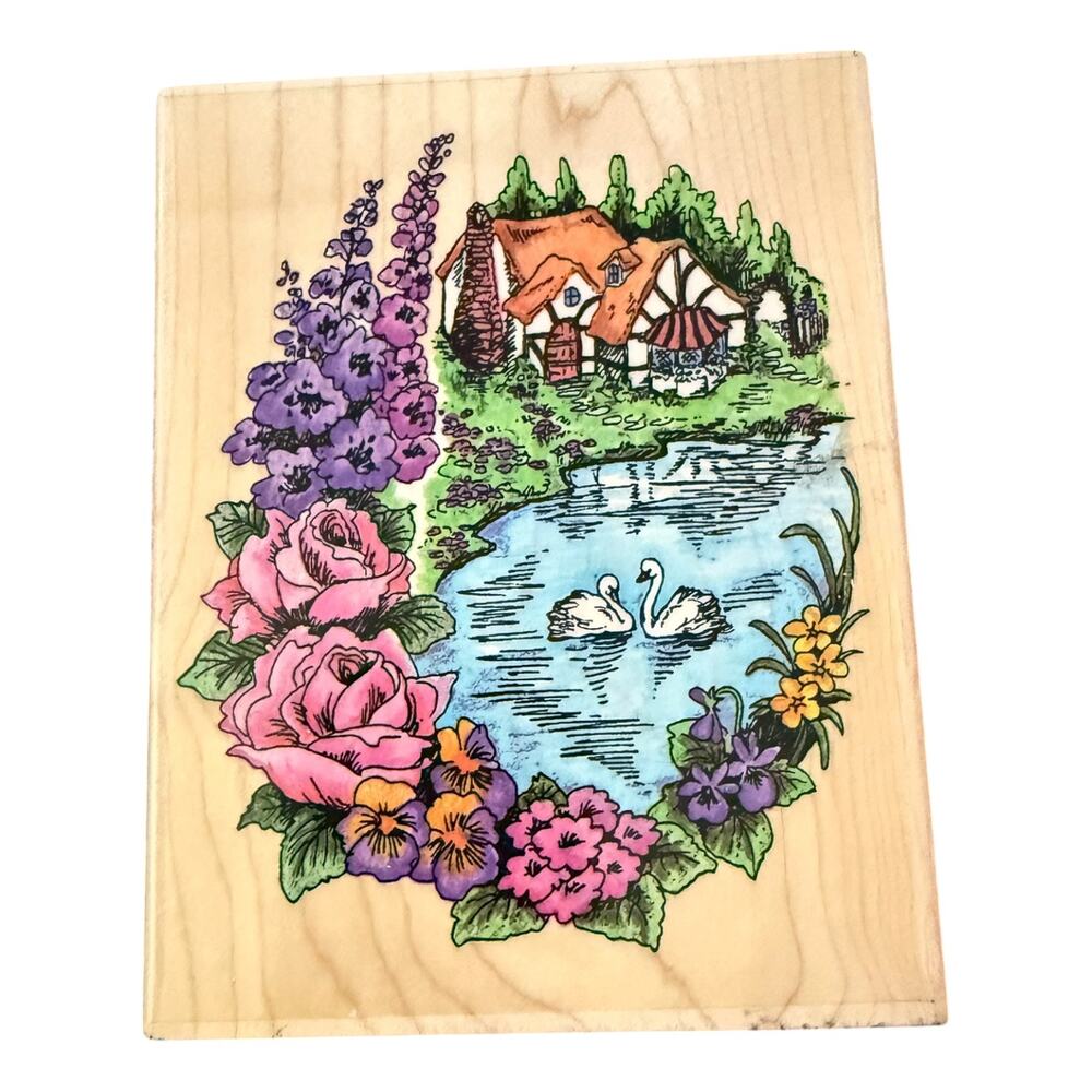 Stampendous Vintage 1995 R006 Flowered Cottage Swans Lake Floral Rubber Stamp